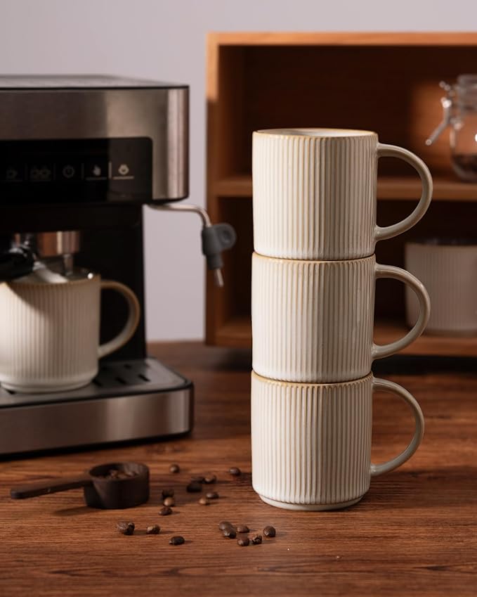 famiware Coffee Mug Set for 4, Star 12 oz Catering Mugs Cup Set with Handle for Coffee, Tea, Cocoa, Milk - Ceramic Stoneware Drinkware Set, Cappuccino White