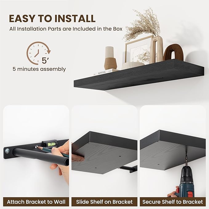 Fun Memories 55 Inch Fireplace Mentel Shelf, 10 Inch Deep Shelves for Display & Wall Storage, Rustic Wood Wall Shelf, Extra Long Floating Shelves for Living Room Laundry Room, Black, Set of 1