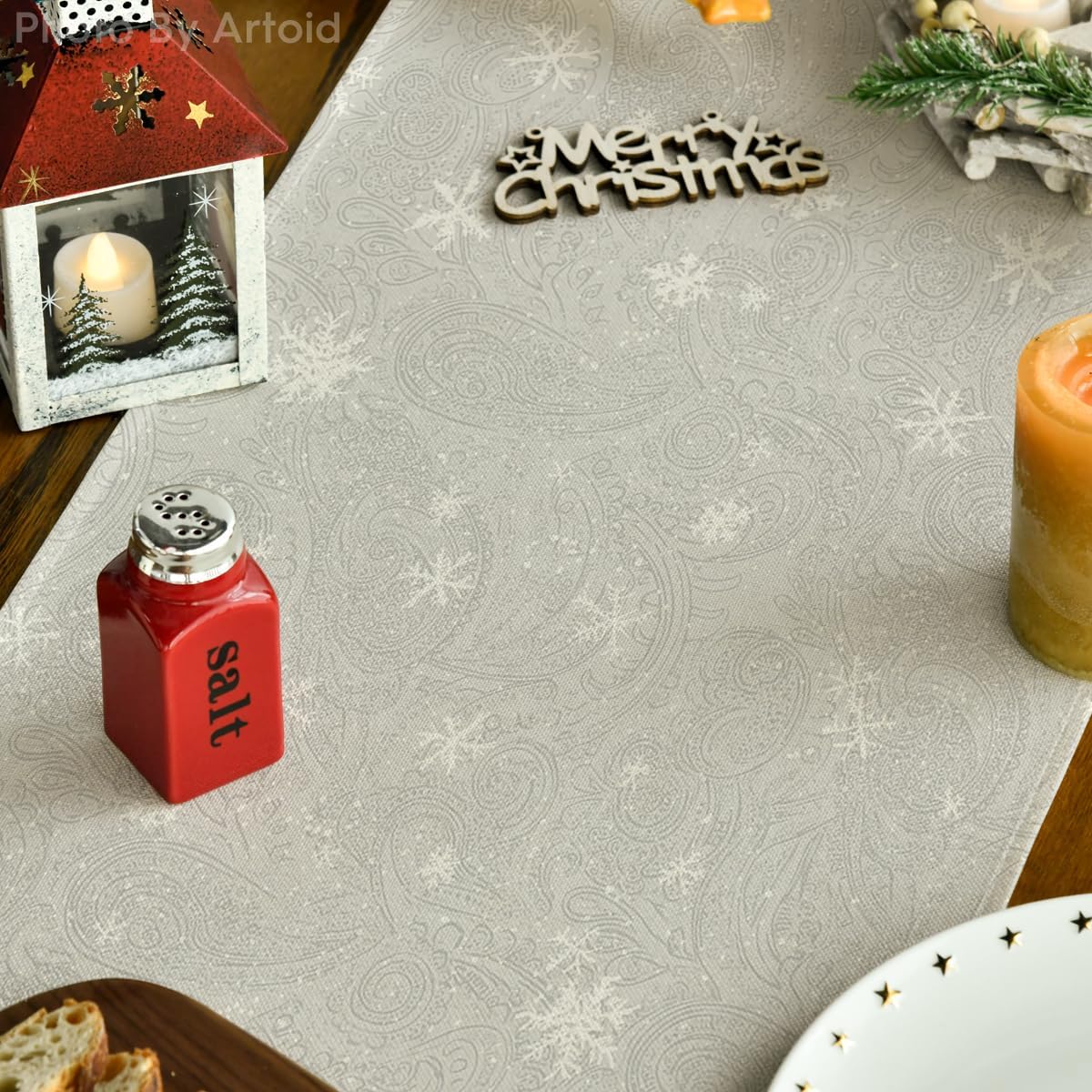 Artoid Mode Snowman Birds Trees Christmas Table Runner, Seasonal Silver Winter Holiday Kitchen Dining Table Decoration for Home Party Decor 13 x 72 Inch
