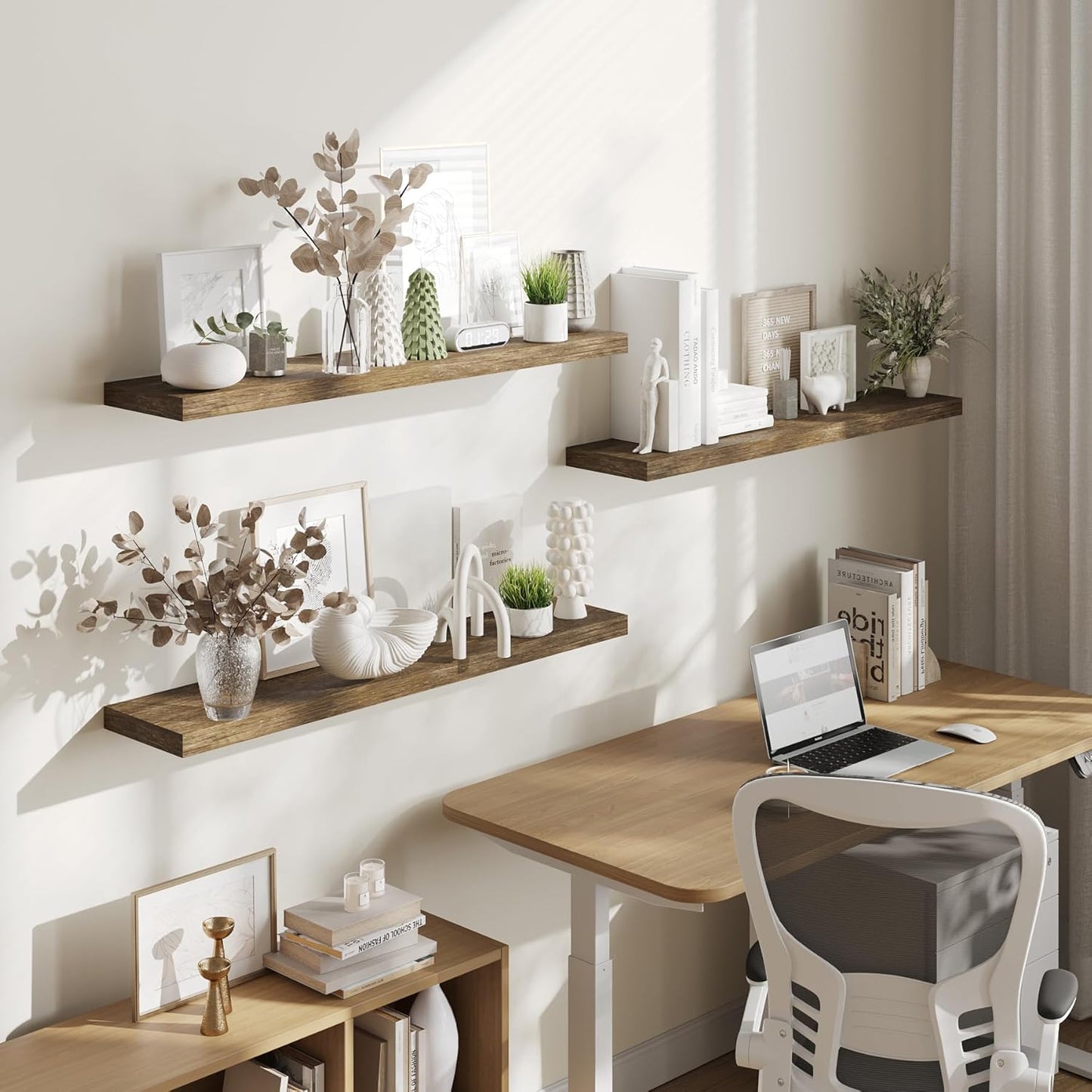 BAMEOS Floating Shelves,40 in W x 8in D Wall Mounted Wooden Shelves with Invisible Brackets Set of 3, Hanging Wall Shelves Decoration for Bedroom, Bathroom, Living Room and Kitchen