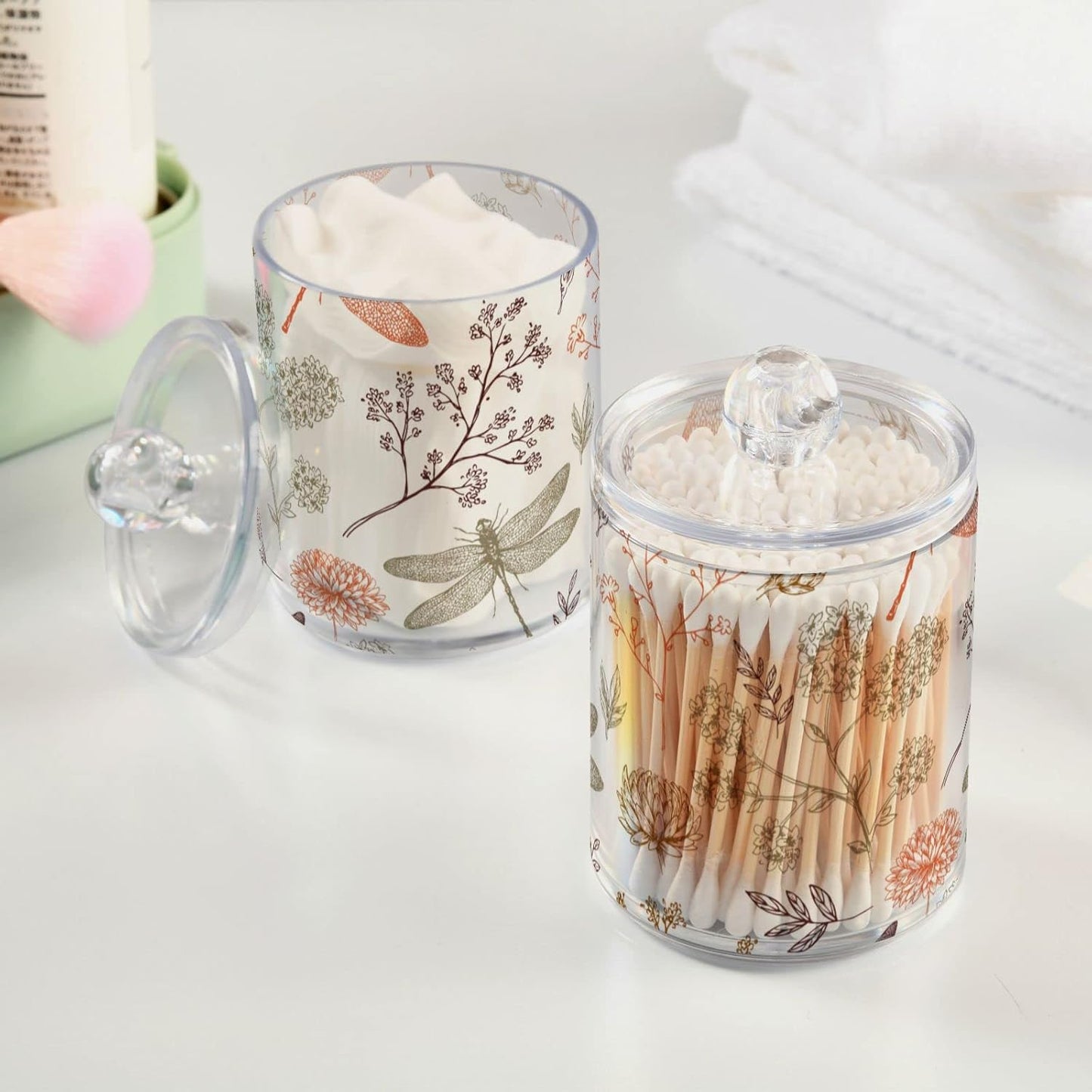 2 Pack Qtip Holder Organizer Dispenser Dragonfly Pattern Bathroom Storage Canister Cotton Ball Holder Container for Cotton Swabs/Pads/Floss