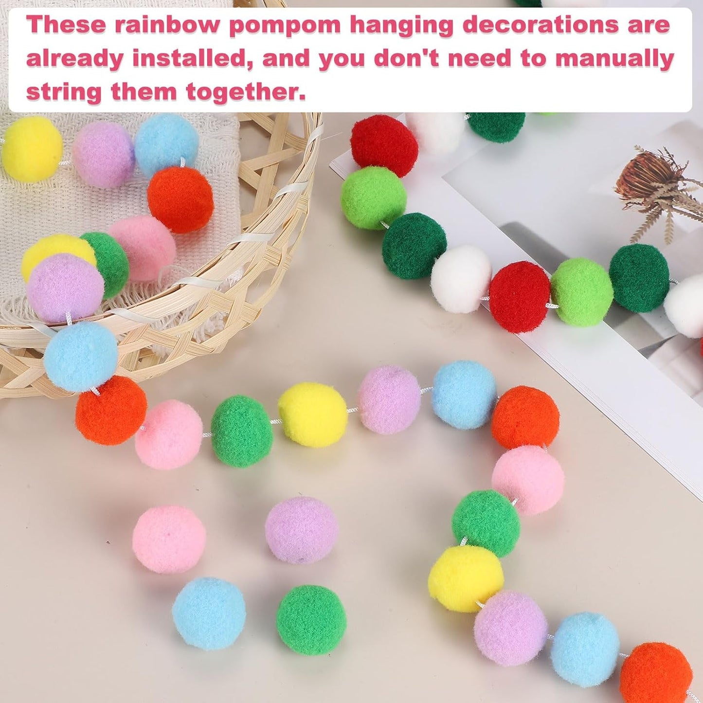 PATIKIL 13Ft Pom Pom Garland Decorations, 2Pcs Colorful Felt Ball Garland Banner Cute Rainbow Pompom Hanging Decorations for Tree Ornaments Homes Decor, Red/Green/White