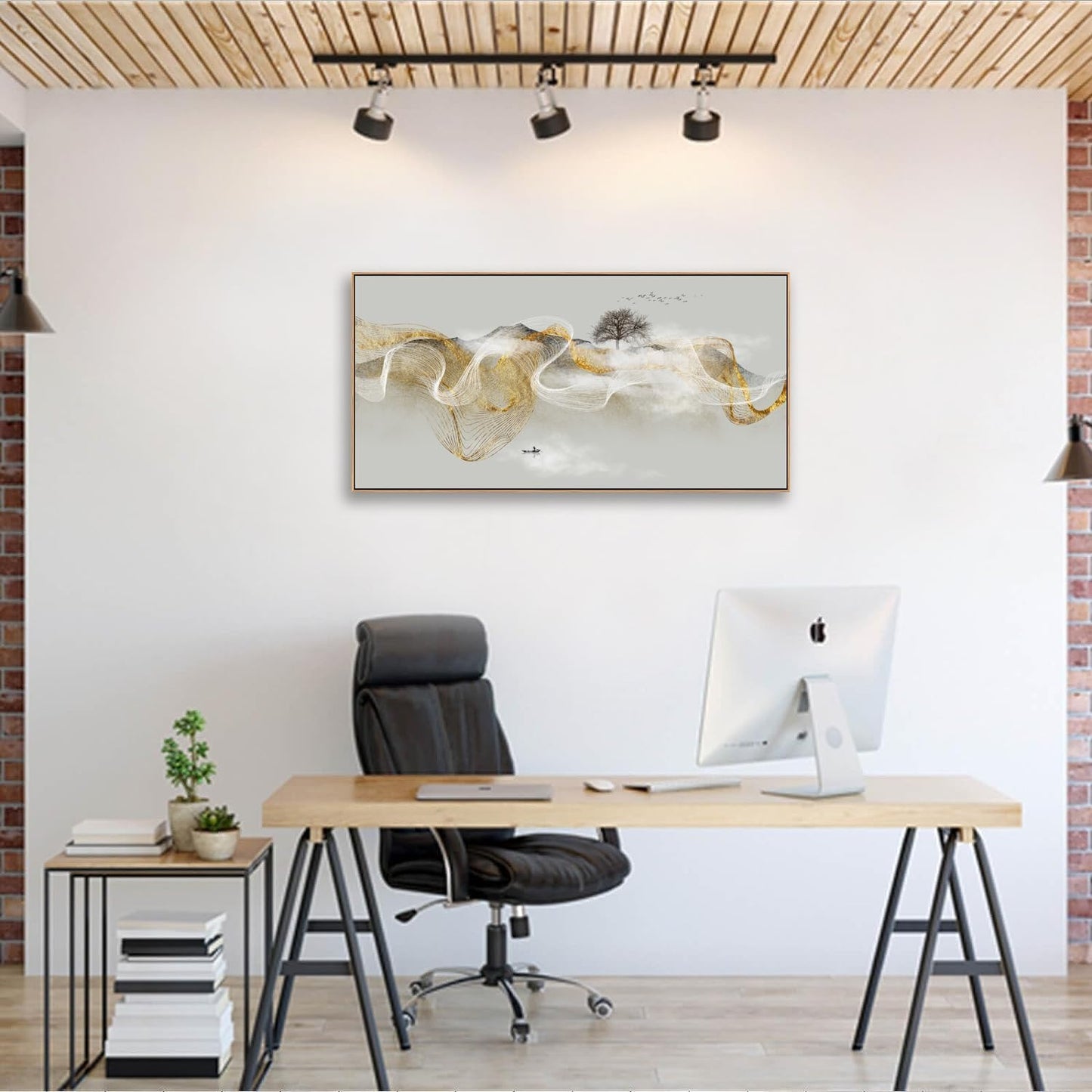 HUADAOART Wall Art Modern Zen Light Luxury Abstract Ink Landscape Background Wall Decor Canvas Print Artwork Home Decor for Living Room Bedroom 30x60 Inches（Framed）