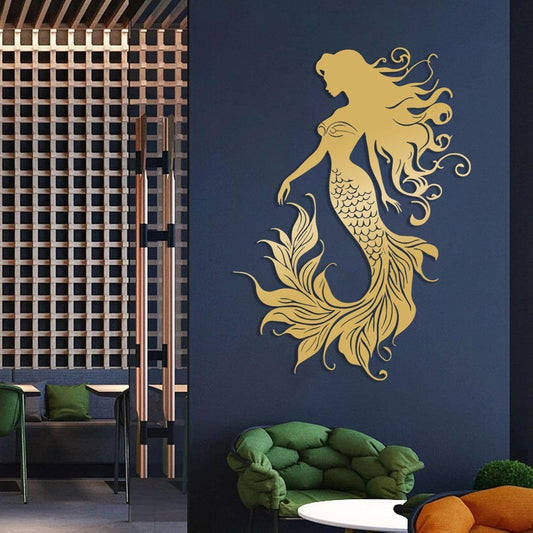 Veplsur Mermaid Metal Wall Art, Metal Mermaid Wall Decor, Marine Biology Wall Decor, Ocean Wall Art, Nautical Wall Hanging, Beach Hanging for Bathroom Bedroom (Gold, 19"x13"|47x33cm)