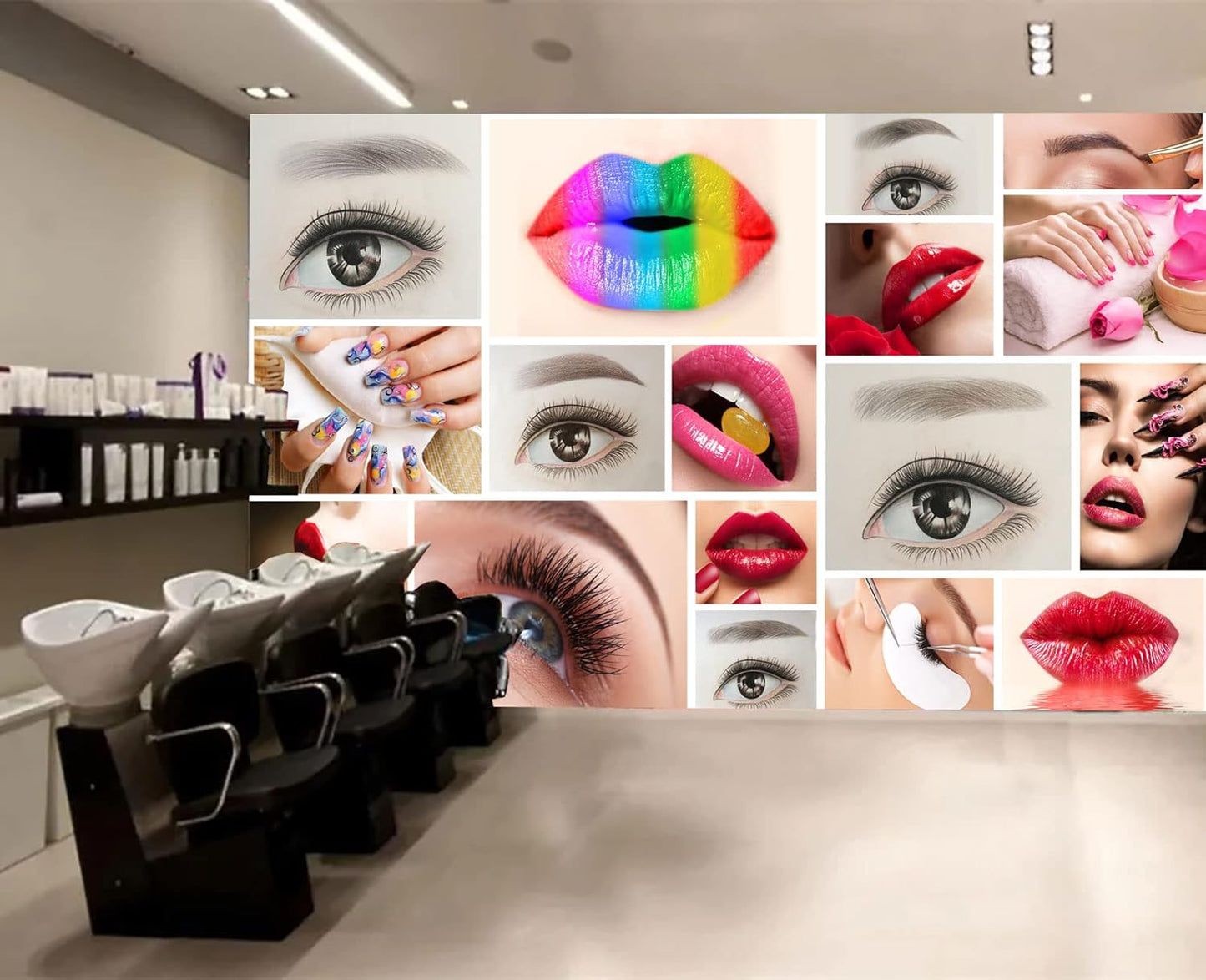 Beauty Salon Nail Enhancement Lipstick Eyelashes Wall Mural Wallpaper 103" x 69"