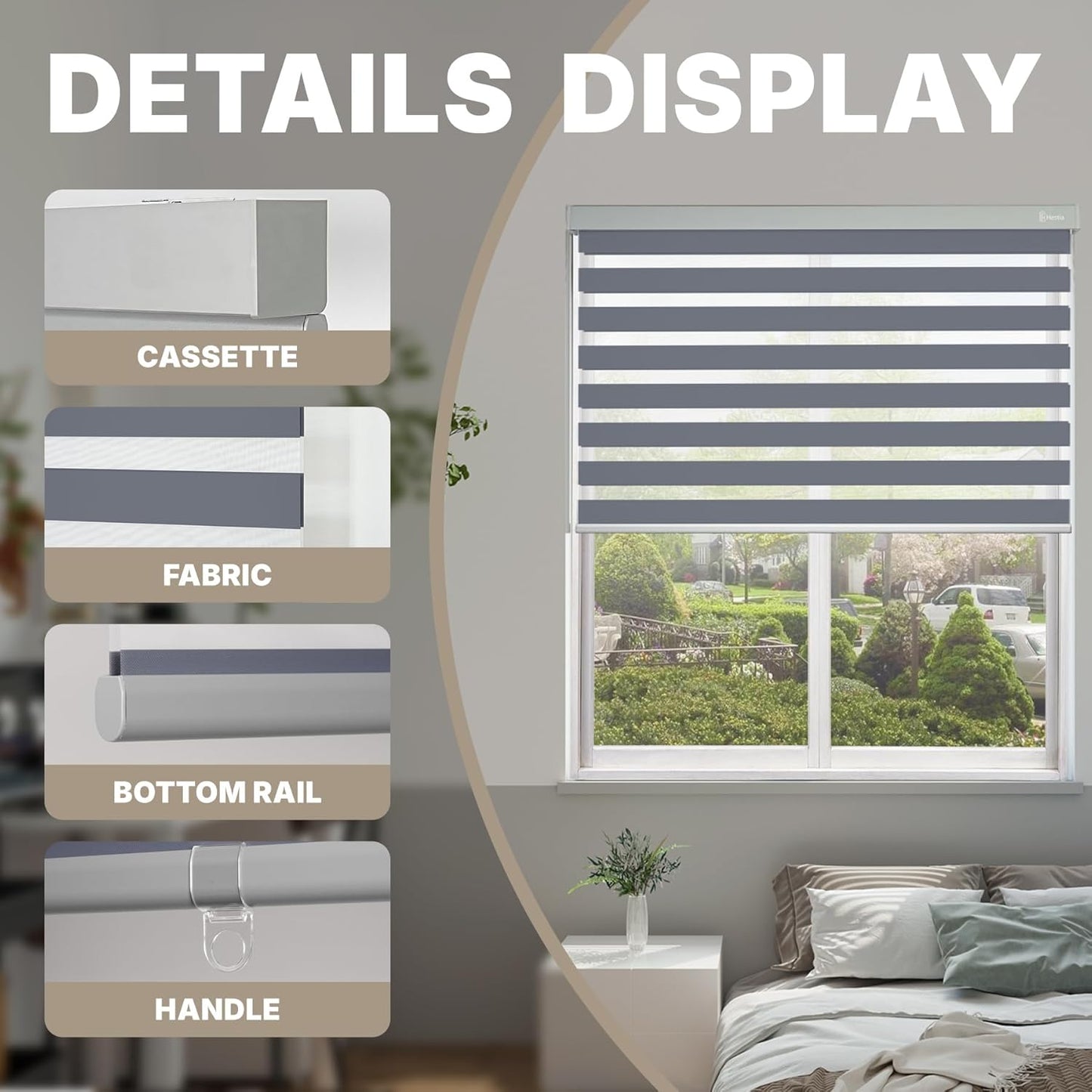 HESTIA Cordless Zebra Blinds Light Filtering Roller Shades UV Blocking Blackout Privacy Indoor Window Blind for Home Office Day and Night, Blue Grey,24" W x 54" H