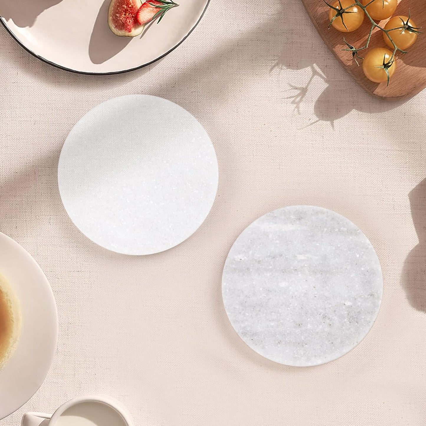 White Marble Coasters with Bling Particles, Set of 4 - Natural Marble Stone Drink Coaster with Protective Silicone Feet, 4 inch Diameter, 0.4 inch Thick - Heat-Resistant Coasters for Coffee Table