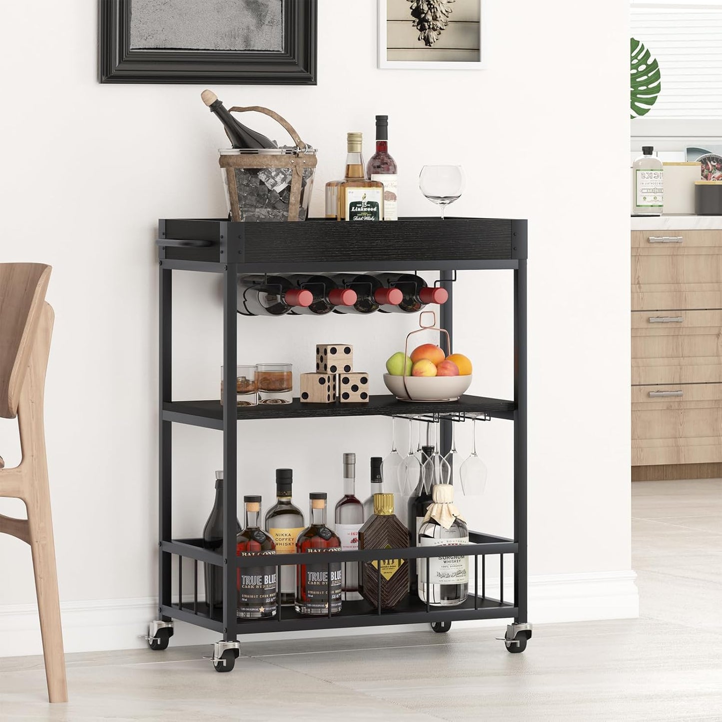 Bar Cart Serving Wine 3 Tier Home Rolling Rack with Wheels Mobile Kitchen Industrial Vintage Style Wood Metal Serving Trolley Serving Cart, Drink Cart for Living Room Kitchen