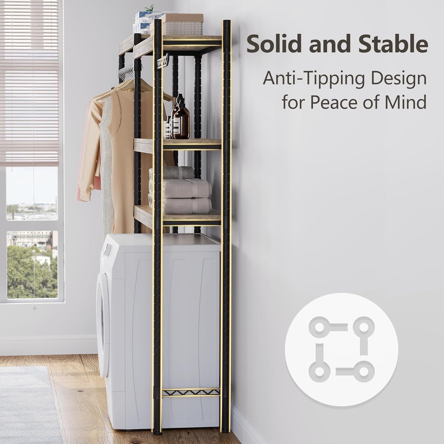 CABIHOME 5-Tier Over-The-Washer Shelf - Adjustable Height Laundry Organizer Space Saver, Double-Layer 100lb Shelves, 2 Hooks for Bathroom/Balcony (Grey & Black)
