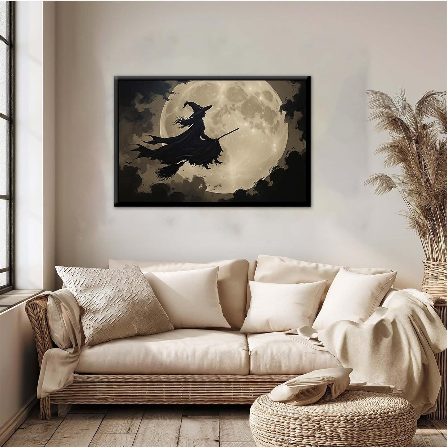 JFHCQJPK Full moon witch silhouette poster witch on magic broom Halloween mural poster decorative mural art suitable for home living room bedroom8x12in Metal blackFramed