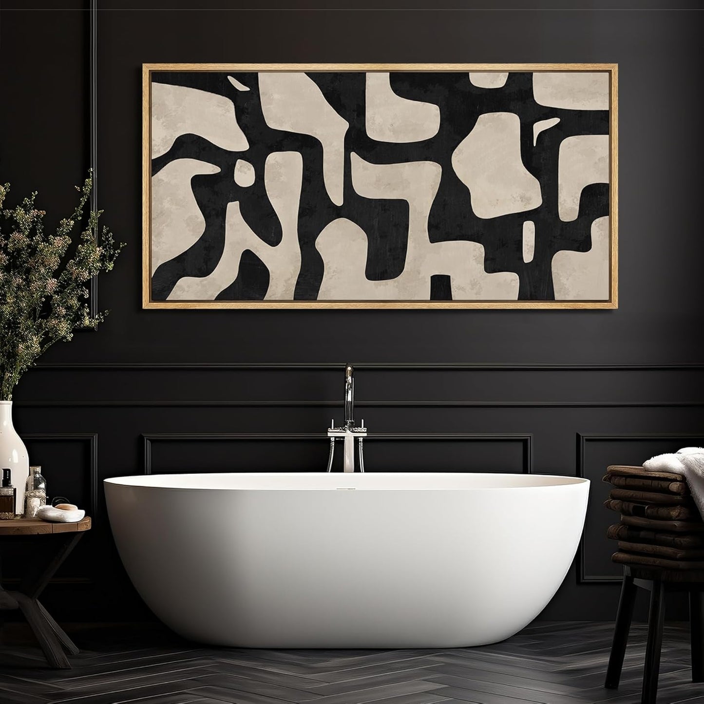 MUDECOR Extra Large Framed Canvas Print Wall Art Abstract Contours Black and White Illustrations Antique Retro Fine Art Illustrations Decorative Colorful for Bedroom - 60"x30"