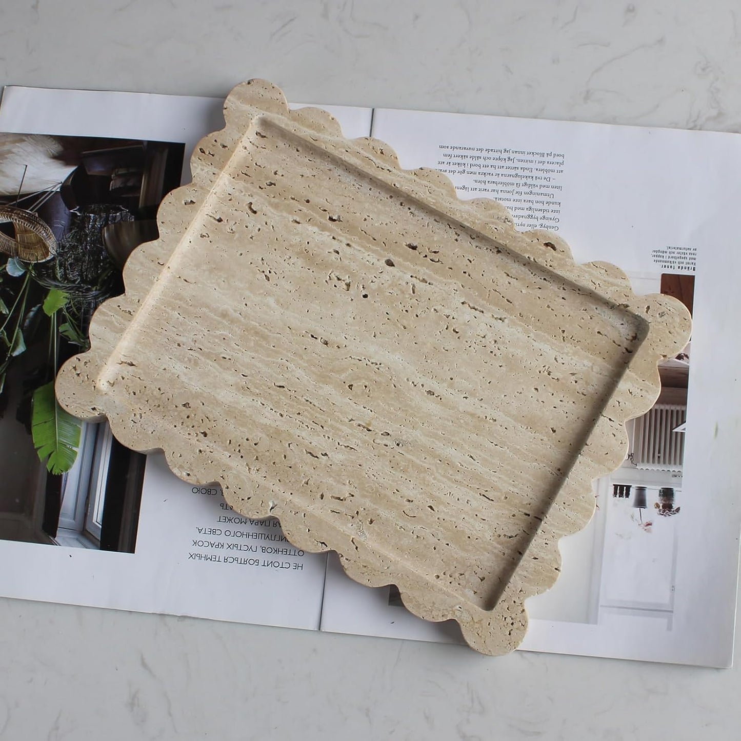 Natural Luxury Scalloped Marble Tray 10.8"x8", Rectangle Vanity Tray for Bathroom Kitchen Counter, Decorative Tray for Dresser Home Decor (Beige Travertine)