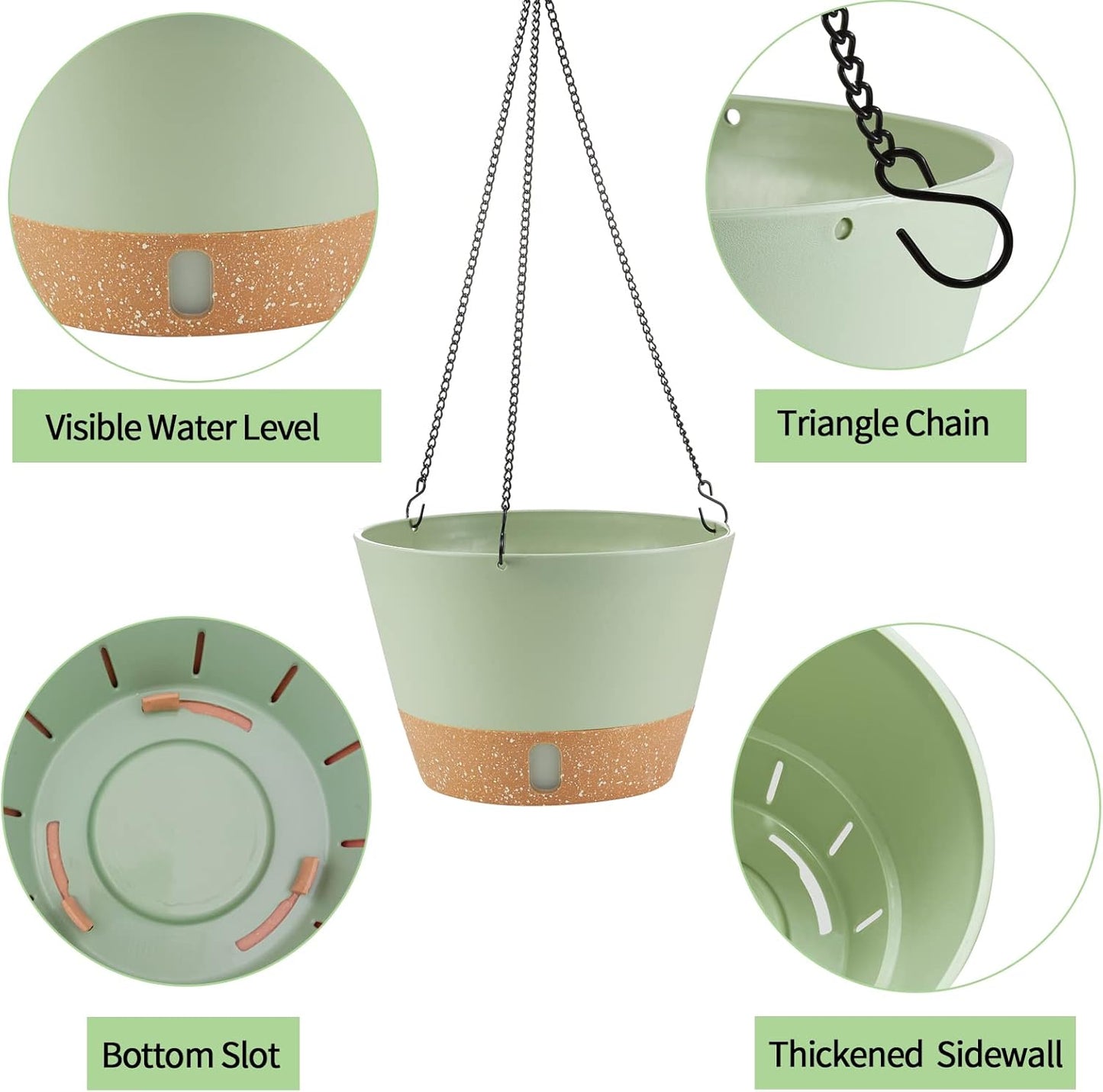 2 Pack Hanging Planters, 10 inch Indoor Outdoor Hanging Plant Pot Basket, Hanging Plastic Flower Pot with Drainage Hole with Removable Tray&Hooks for Hanging Plants,Green