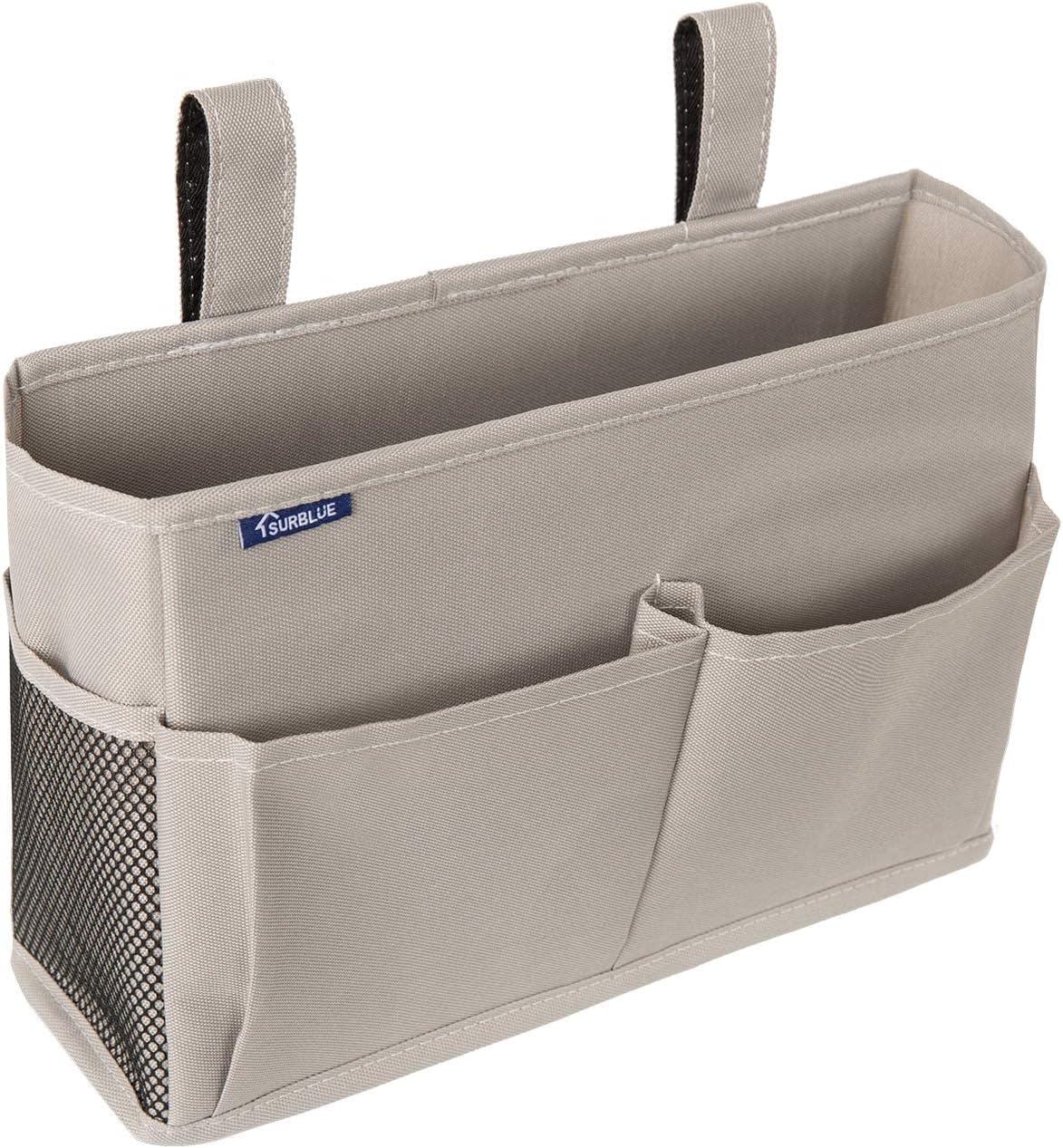 Surblue Bedside Caddy Hanging Bed Organizer Storage Bag Pocket for Bunk and Hospital Beds, College Dorm Rooms Baby Bed Rails,Camp 4 Pockets and 2 Hooks (Gray)
