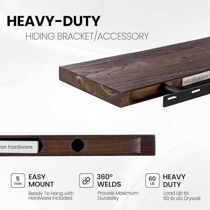 Fun Memories Floating Shelves for Wall, 24 Inch Floating Shelves Wall Mounted, Rustic Elm Wood Shelf, Heavy-Duty Storage Shelves for Books, Bathroom, Kitchen, Walnut Finish, Set of 2