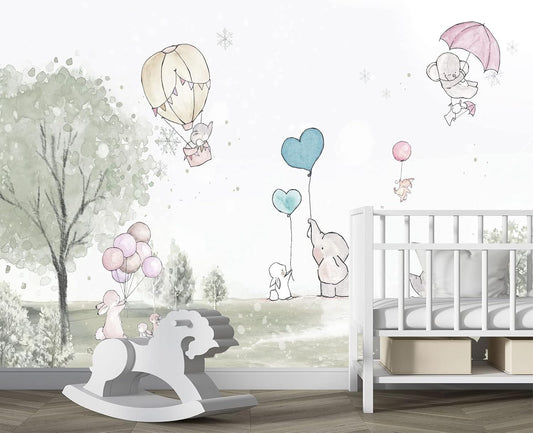 Cartoon Elephant Rabbit Balloon Nursery Wall Mural Wallpaper 178" x 117"