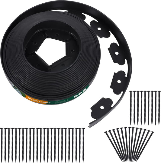 2 Inch Tall No Dig Durable Garden Landscape Edging Kit, Black Plastic Lawn Border with 48pcs Anchoring Spikes for Landscaping, Flower Gardens, Lawn (40FT+48pcs Anchoring Spikes)
