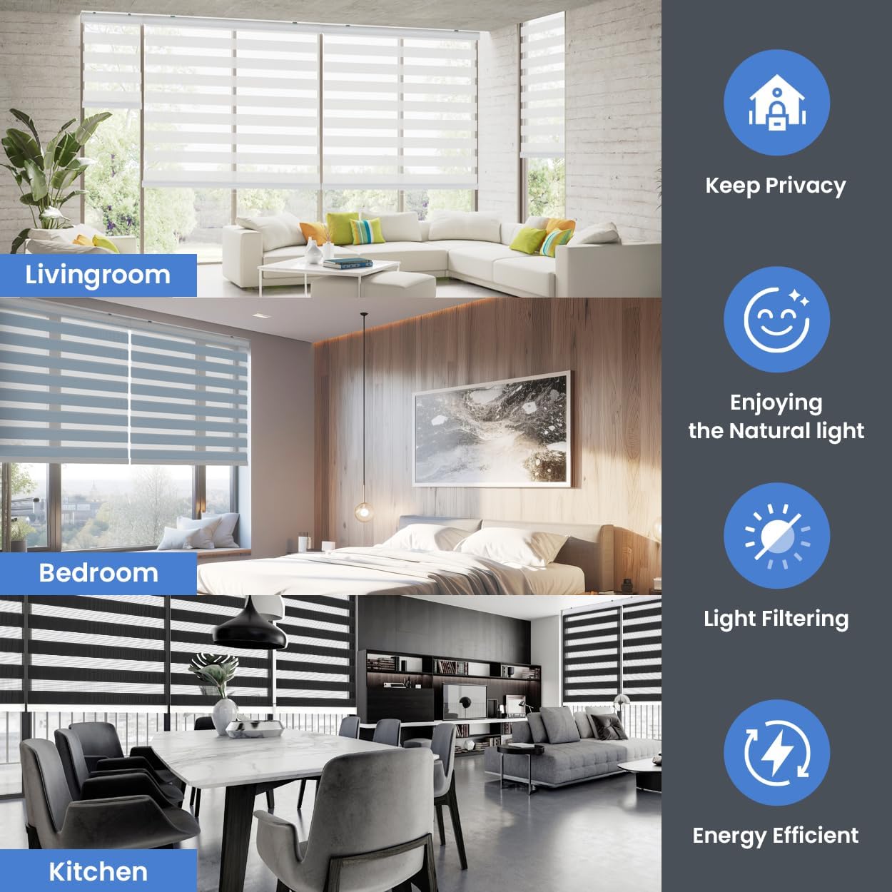 Foiresoft Standard Zebra Roller Blinds for Windows [W40 x H64 Inch, White, Basic], Light Filtering Dual Layer Shades for Bedroom, Living Room, Office, 13 Colors