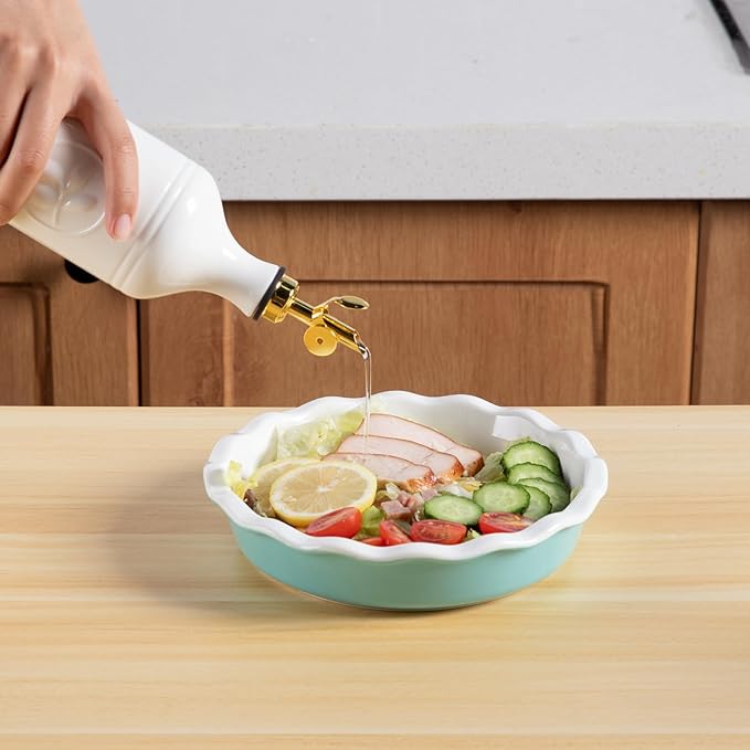 Sweejar 16 Oz Ceramic Olive Oil Dispenser Bottle, Oil Dispenser for Kitchen with Gravity Spout, Relief Opaque Oil Container for Evoo, Avocado Oil, Vinegar, Soy Sauce, 1 Pack(White, Gold Spout)