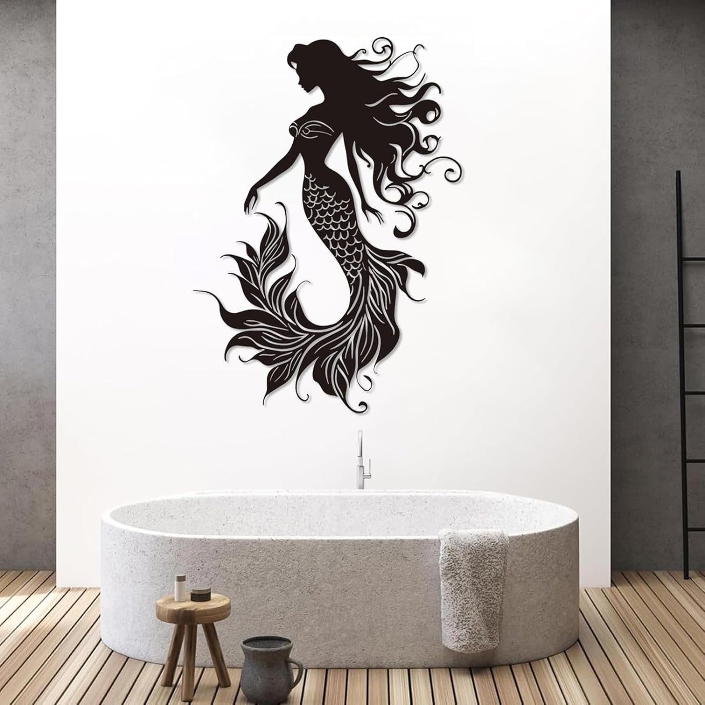 Veplsur Mermaid Metal Wall Art, Metal Mermaid Wall Decor, Marine Biology Wall Decor, Ocean Wall Art, Nautical Wall Hanging, Beach Hanging for Bathroom Bedroom (Silver, 35"x25"|90x64cm)