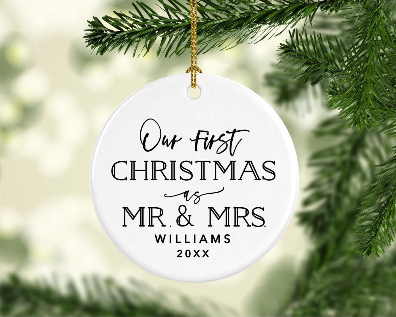 Andaz Press Personalized Our First Christmas As Mr. & Mrs. 2024 Christmas Ornaments Modern Black and White 2.8" Round Porcelain Ceramic 1st Year Married Custom Ornament Keepsake for Newlyweds 1-Pack