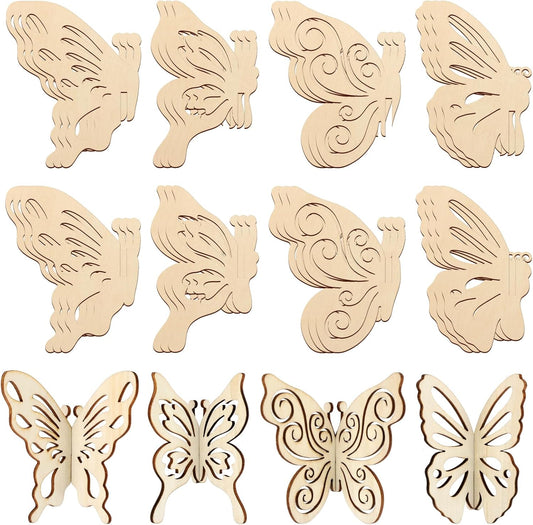 COCHIE DIY 3D Spring Butterfly Wood Crafts to Paint for Kids Adults, Paintable Unfinished Wooden Slices for Craft, Butterflies Cutouts Ornaments for Painting Decorations (24 PCS)