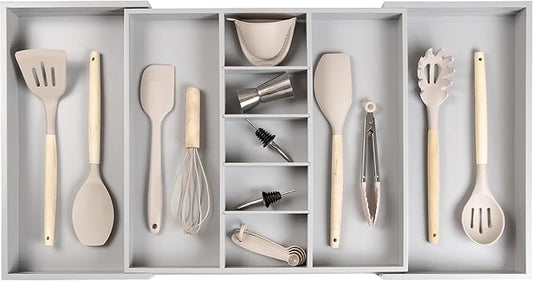 Adjustable Kitchen Drawer Organizer for Utensils and Junk, Food-Safe Contract Grade with 100% Sustainable Wood, Expandable from 19 to 33 Inches Wide - Gray Bamboo