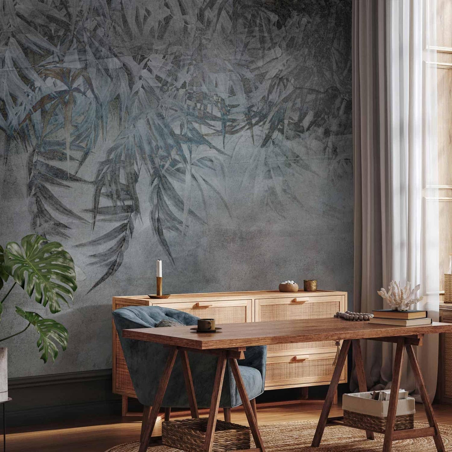 artgeist Wall Mural Leaves 197x138 in - XXL Non-Woven Wallpaper Fleece Wall Decor Photo Print Picture Image Design Palm Leaves Concrete Nature Grey b-C-10103-a-a