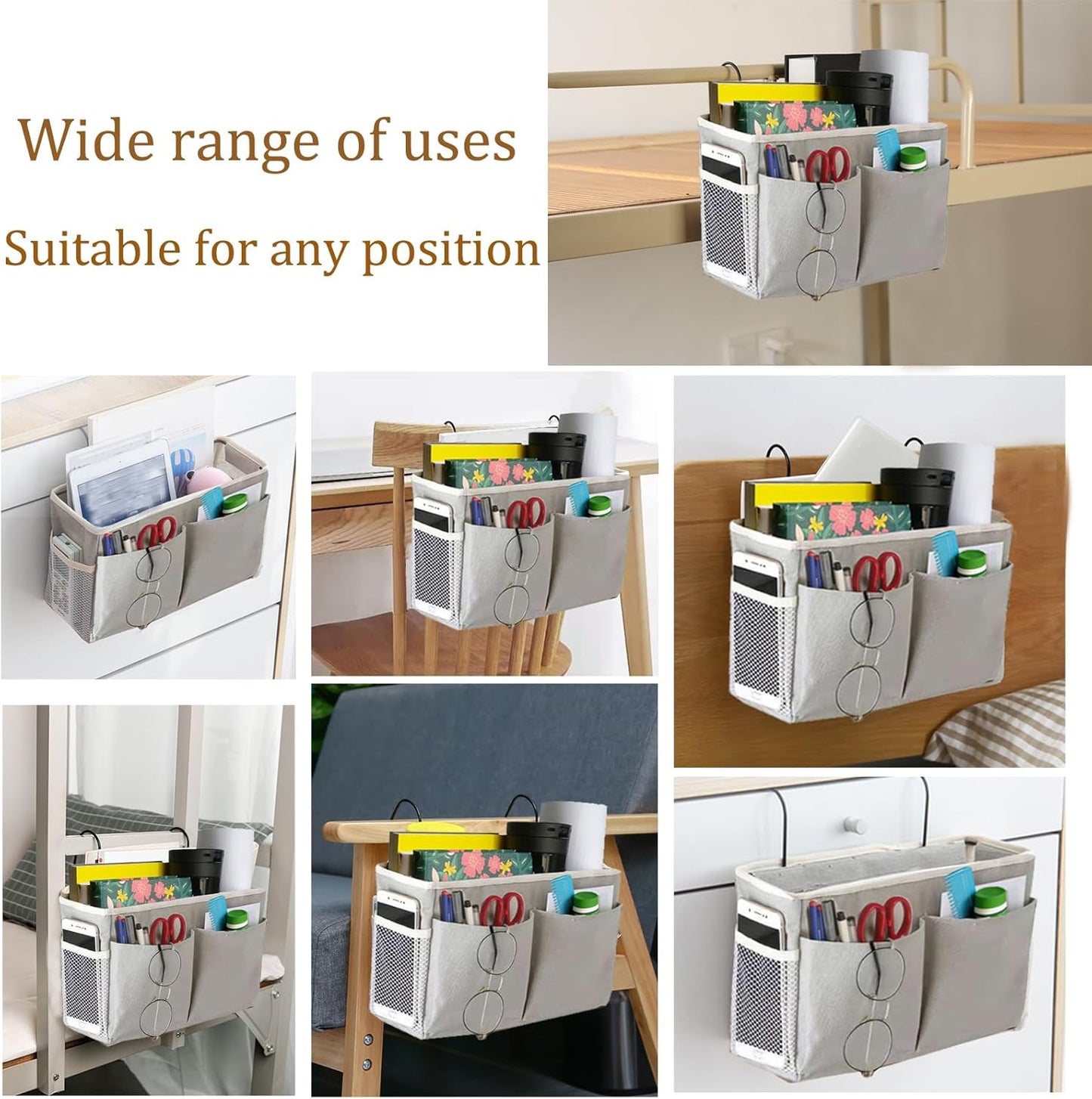 2-Pack Bedside Caddy, Bedside Hanging Storage Organizer for College Dorm Beds, Bunk Beds and Hospital Beds Rails, The Hanging Basket Can be Placed Magazine, Books, Phones,kettle, Glasses (Grey)