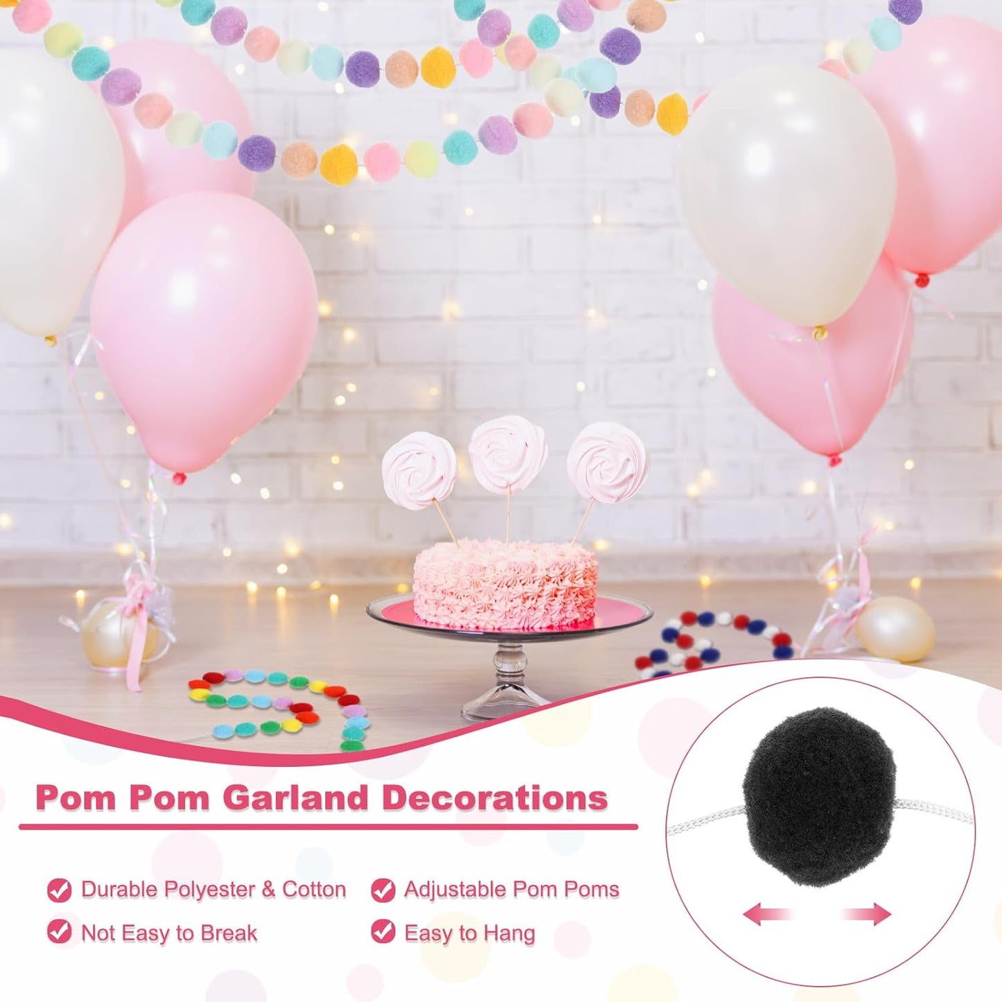PATIKIL 26Ft Pom Pom Garland Decorations, 4Pcs Colorful Felt Ball Garland Banner Cute Rainbow Pompom Hanging Decorations for Tree Ornaments Homes Decor, Orange/Black/Purple/White