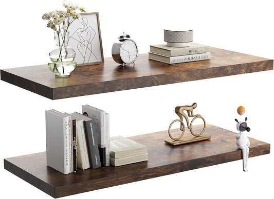 Wall Shelf Set of 2, Rustic Brown Floating Shelves 24 in W x 10 in D x 1 in H, Wooden Floating Wall Shelf with Invisible Brackets for Living Room/Bedroom/Bathroom/Kitchen Storage and Decor