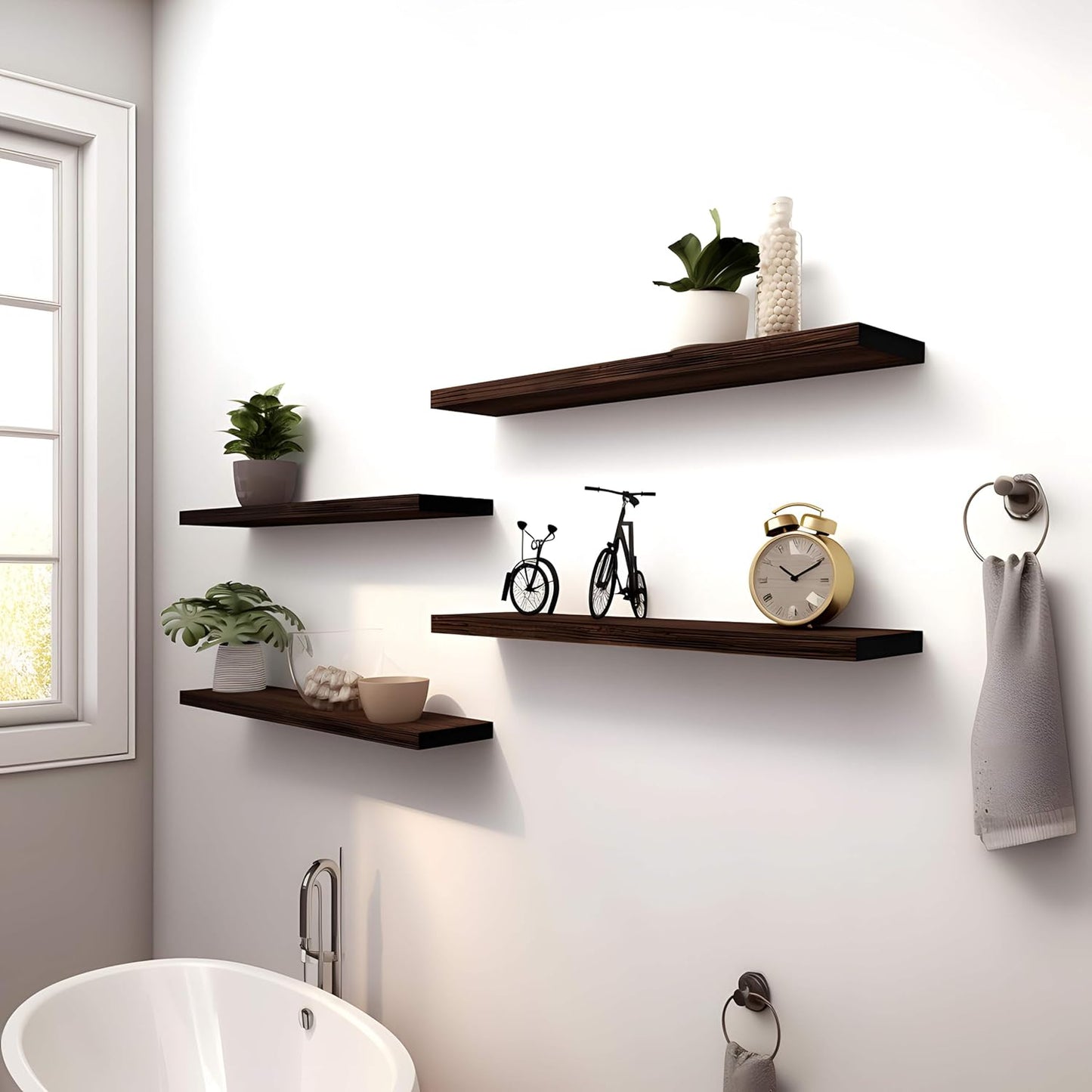 Wood Floating Shelves for Wall Decor, Rustic Wall Shelves for Bedroom Bathroom Kitchen Living Room, Set of 4 Walnut 24 Inch