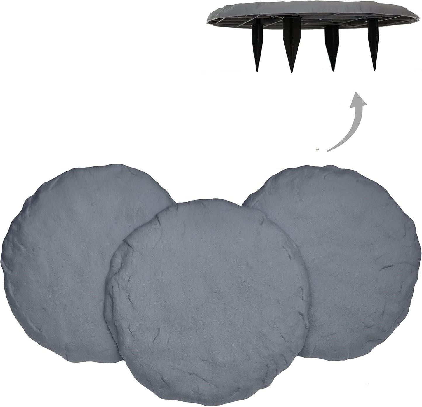 Ei Circular 15.5” Stepping Stones with Ground Stakes - Home or Garden Step Stones for Outdoor Walkway or Pathway Pavers - Resin Material (8, Light Grey Stone)