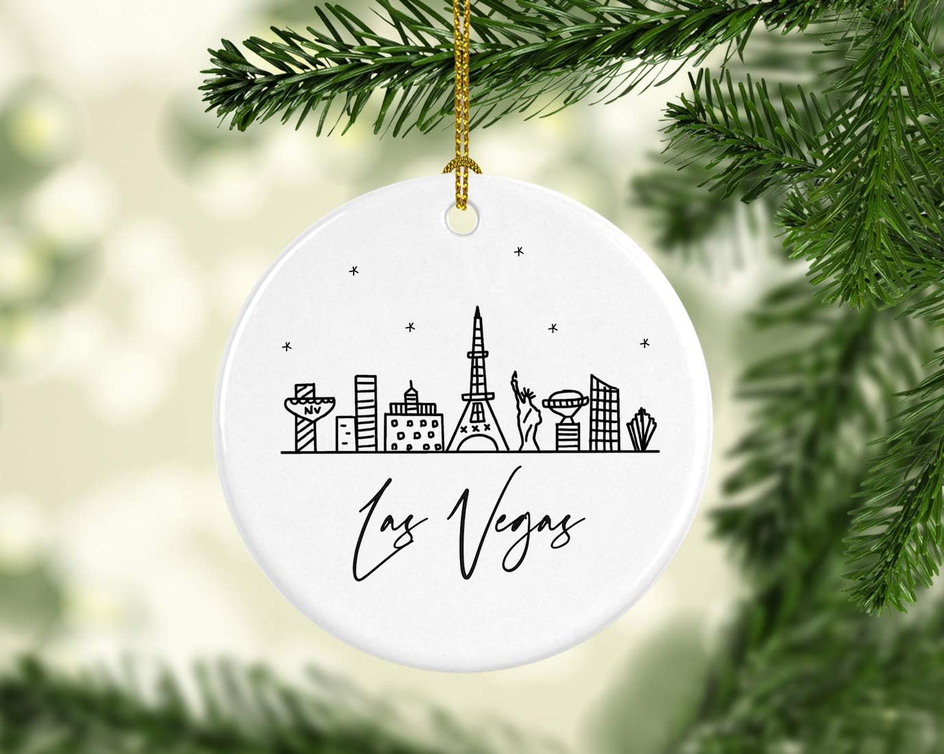Andaz Press Round Ceramic Porcelain Christmas Tree Ornament Keepsake, Las Vegas Black and White Stars City Skyline Graphic, 1-Pack, Birthday Gift Idea for Family, Coworker, Him, Her, Includes Gift Box