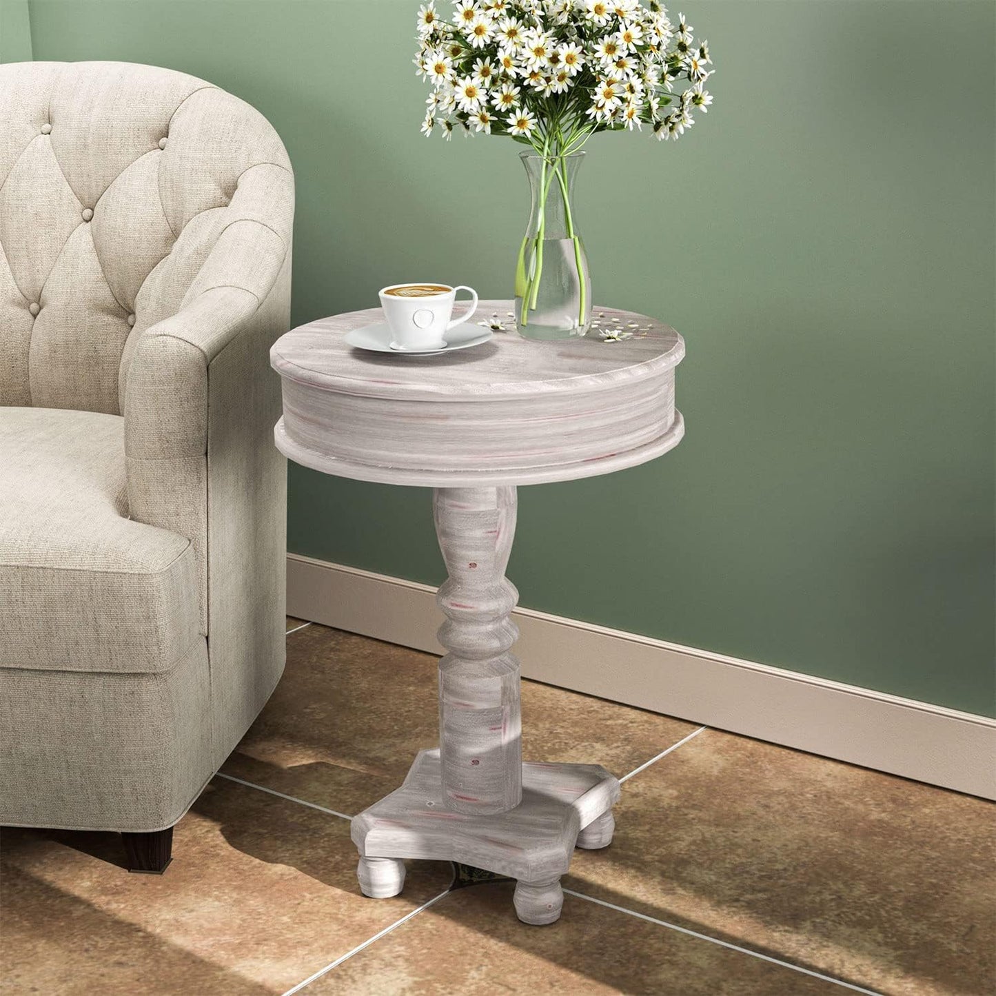 COSIEST Rustic Accent Side Table, Farmhouse Wood Pedestal Table Round End Table for Living Room, Bedroom, Distressed Whitewash Finish, Grey Color