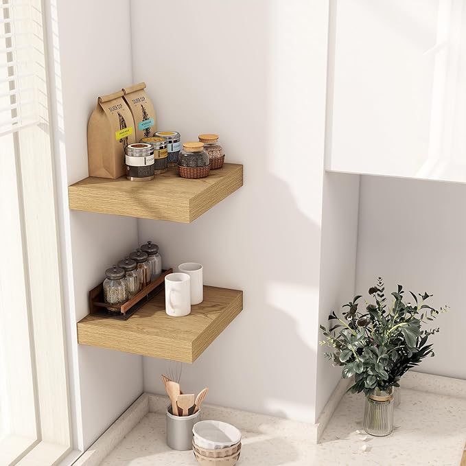 Fun Memories 12 Inch Floating Shelf, Rustic Wood Wall Shelves for Wall Decor & Storage, 12 x 12 Floating Shelf for Living Room, Bathroom, Bedroom, Oak, Set of 2