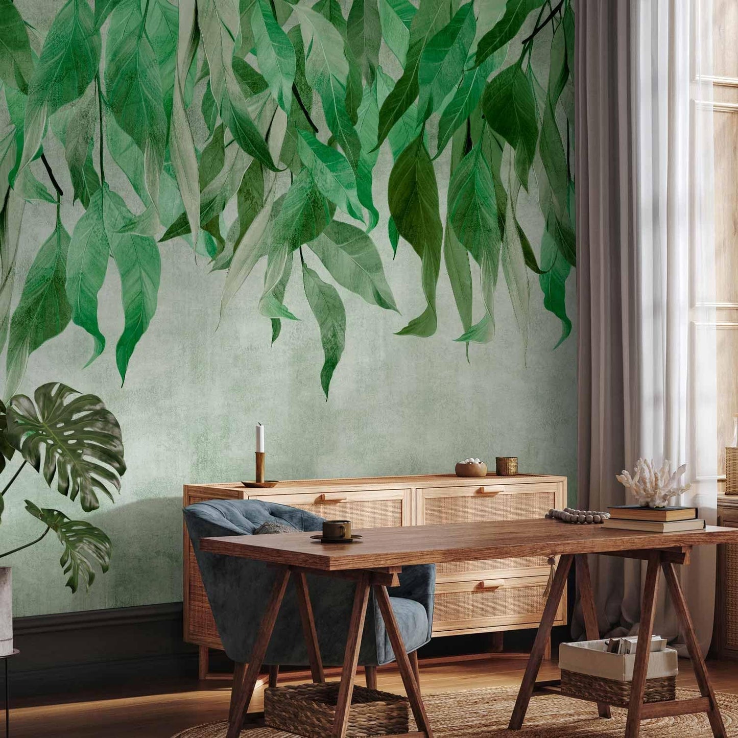 artgeist Wall Mural Hanging Leaves 173x124 in - Peel and Stick Self-Adhesive Wallpaper Removable Large Sticker Foil Wall Decor Print Picture Image Design Nature Botanical Concrete Green b-C-10146-a-a