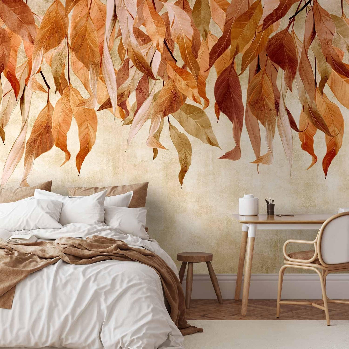 artgeist Wall Mural Hanging Leaves 173x124 in - Peel and Stick Self-Adhesive Wallpaper Removable Large Sticker Foil Wall Decor Print Picture Design Nature Botanical Concrete Orange b-C-10146-a-c