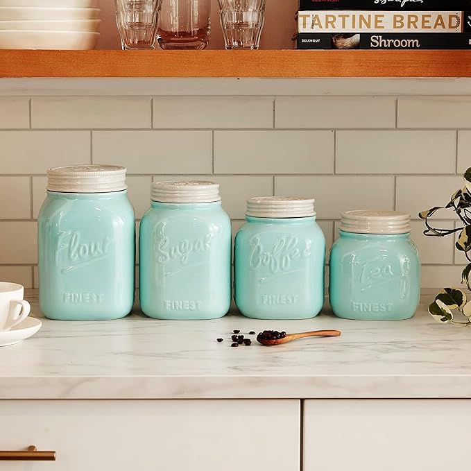 Young's Inc. 4 Pcs Set Modern-Cool Accent Ceramic Canisters- Storage Container for Kitchen and Bathroom - Beautiful Home Decor Accent to Store Food, Coffee, Tea, and More - White