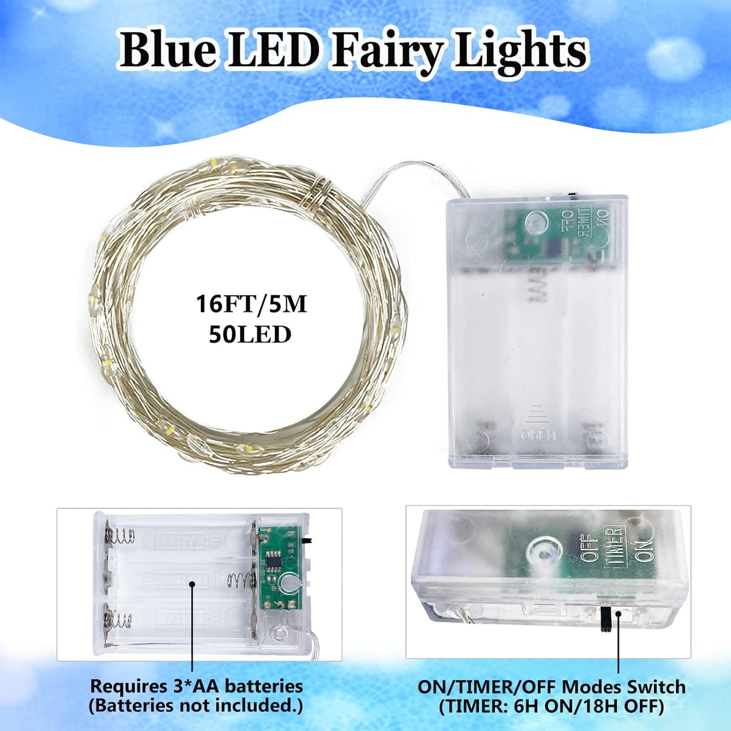 4-Pack 50 LED Christmas Fairy Lights Battery Operated with Timer, 16FT Waterproof Starry String Lights Outdoor Indoor Cuttable Fairy Lights for Bedroom Home Wedding Party Christmas Decoration (Blue)