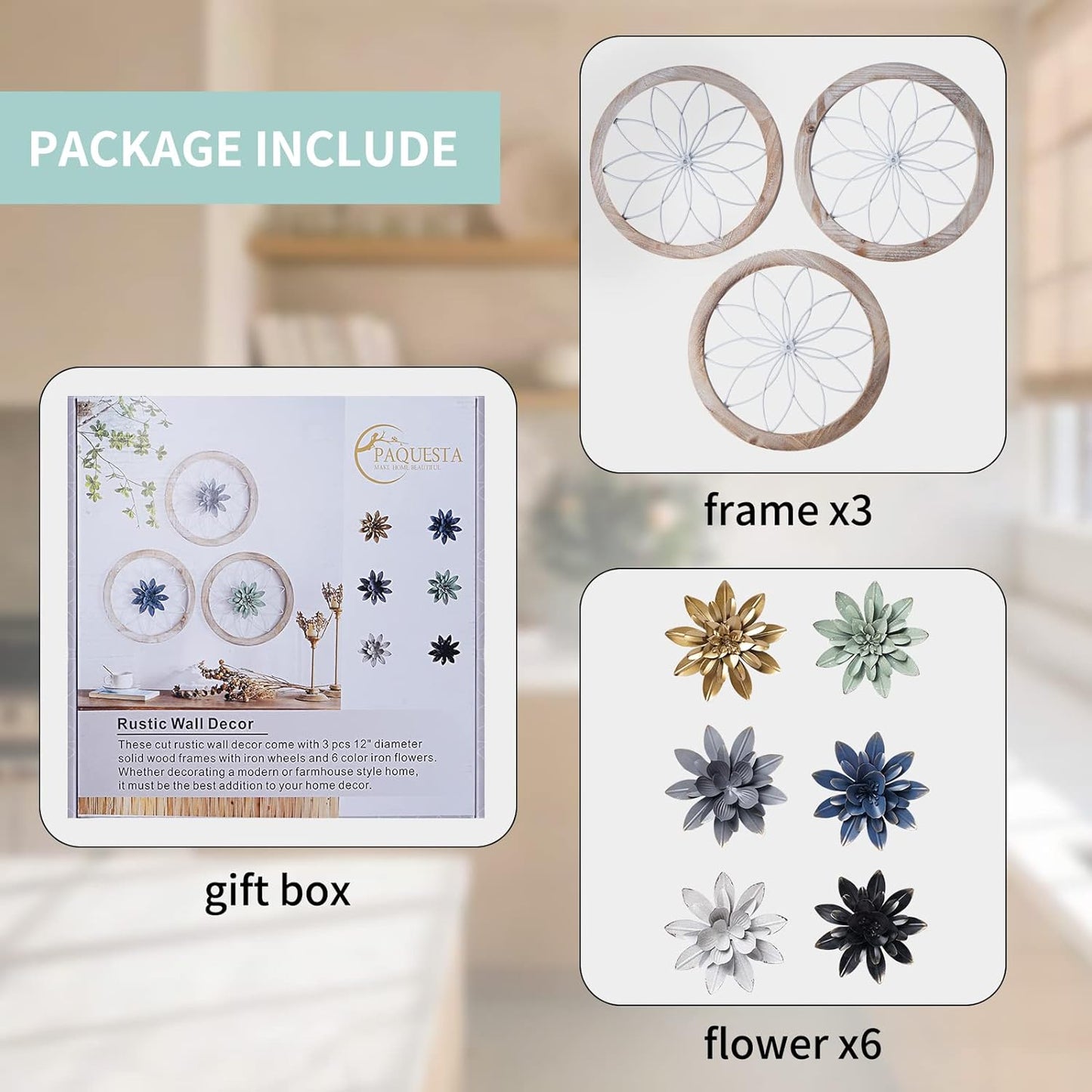 Paquesta 3 Piece Round Farmhouse Wall Decor with 6 Piece Interchangeable Flowers 12'' Medallion Wood & Metal Rustic Wall Art for Living Room Bedroom Kitchen Bathroom Dining Room Home Decorations