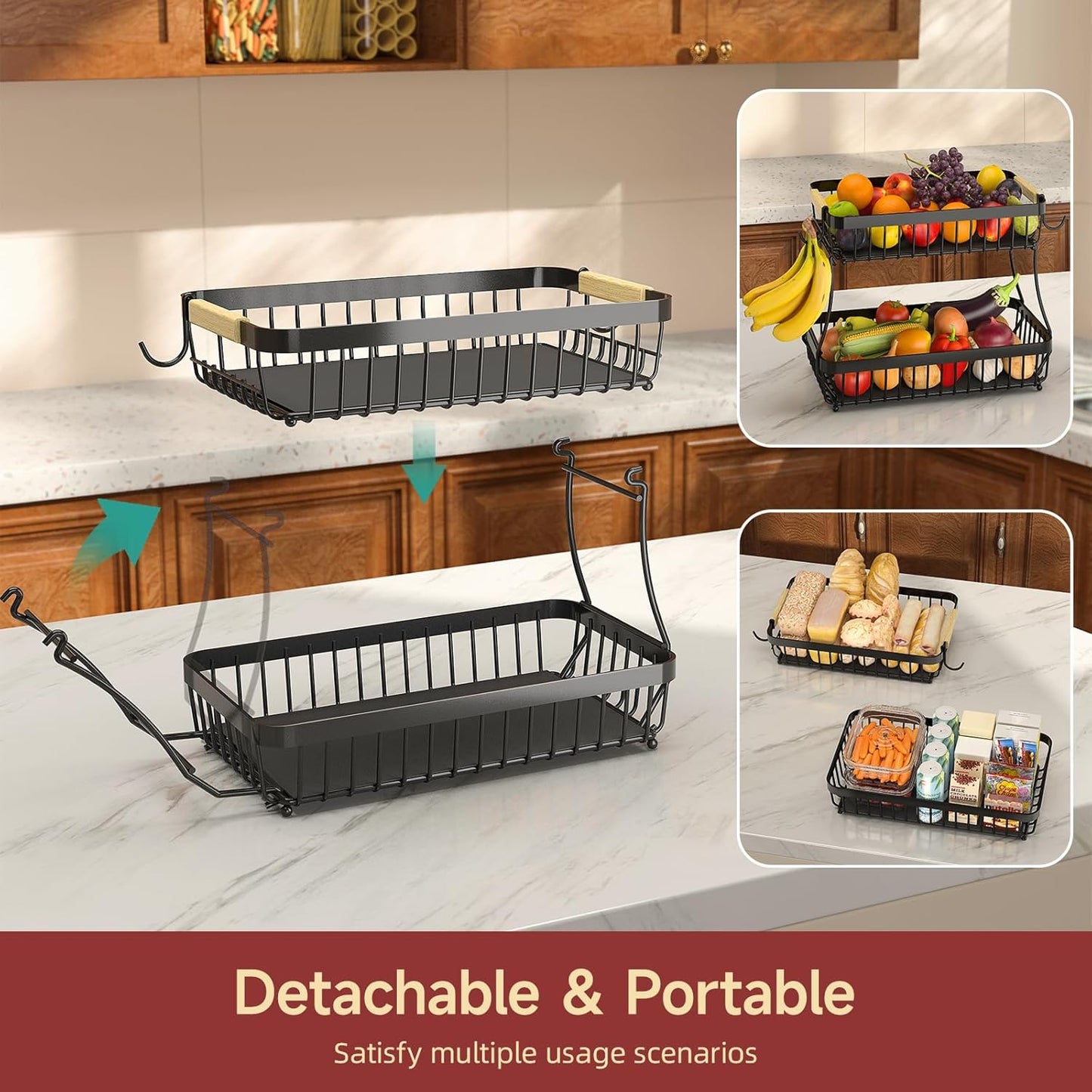 2 Tier Fruit Basket for Kitchen Counter with 2 Mobile Banana Hangers, 2025 Pro Detachable Metal Fruit Bowl with Wooden Handle, Fruit Holder for Bread Snack Veggies with Protective Mats