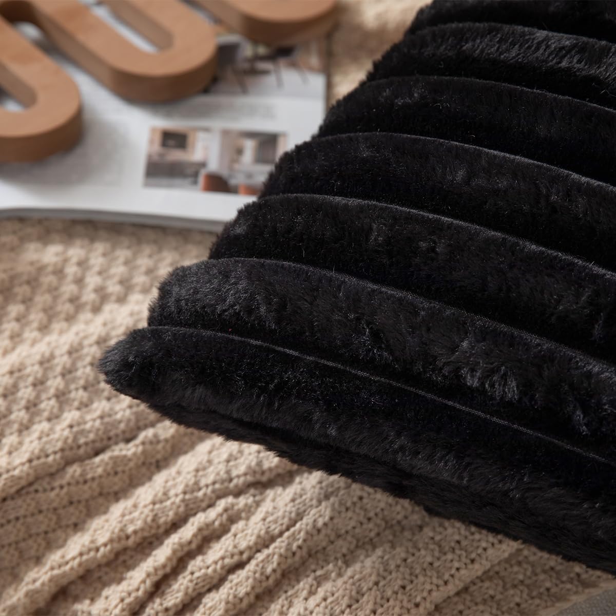 DEELAND Pack of 2,Double-Sided Faux Fur Plush Decorative Throw Pillow Covers Fuzzy Striped Soft Pillowcase Cushion Covers for Sofa Couch Bedroom Black 18x18 inch