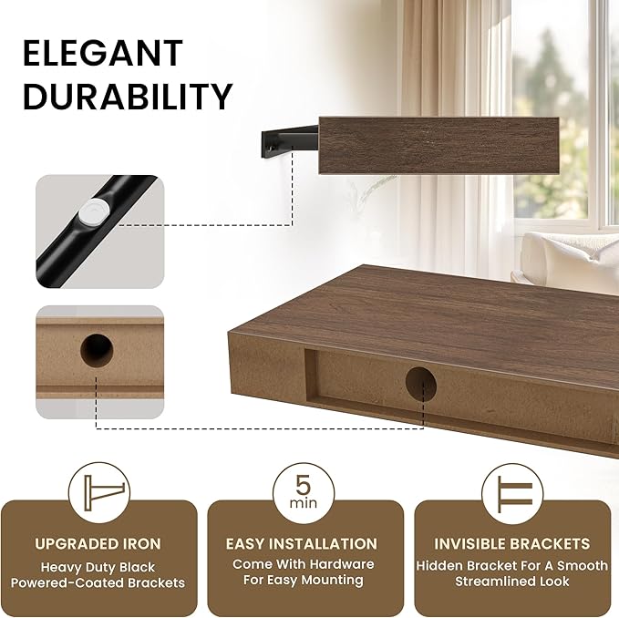 Square Floating Shelves for Wall, 8" W x 8" D x 1.2" H, Small Wooden Wall Mounted Display Shelves with Invisible Brackets for Living Room, Bedroom, Bathroom, Kitchen Decor, Set of 4, Walnut