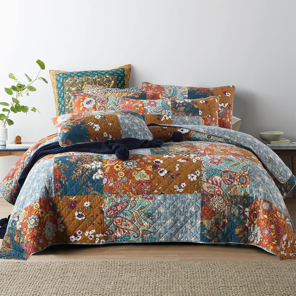 Autumn Dream Cotton Bedspread Quilt Sets Reversible Bedding Coverlet Sets Comforter, Paisley Floral Patchwork Yellow Grey Bedspread, King Size