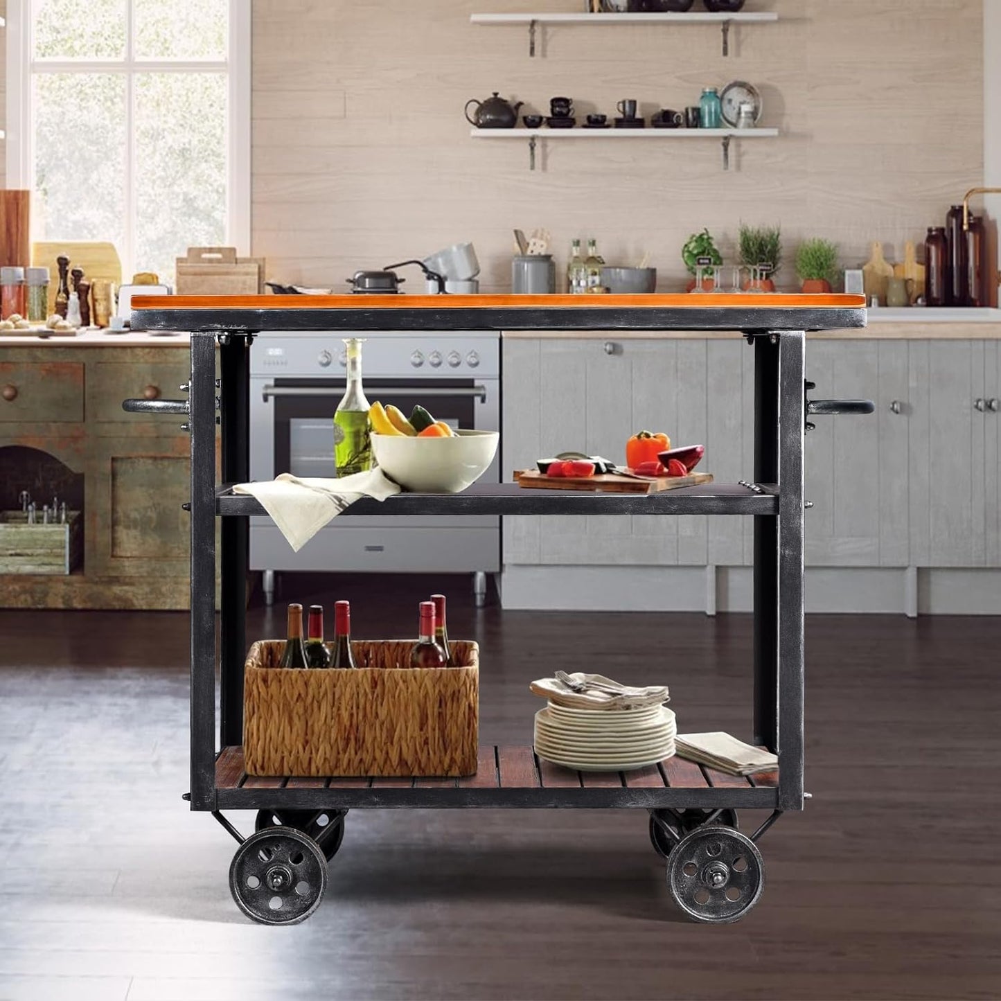 Diwhy Industrial 3 Tier Rolling Utility Storage Cart Wine Beverage, Metal Wine Rack with Wheels Kitchen Bar Dining Room Tea Wine, Storage Cart with Wood