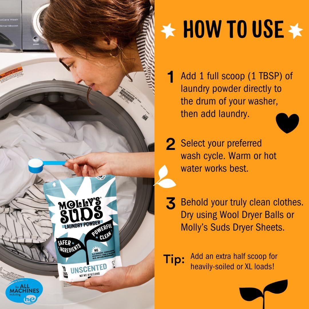 Molly's Suds Original Laundry Detergent Powder | Clean Laundry Detergent Powder for Sensitive Skin | Simple, Effective Ingredients, Stain Fighting | 120 Loads (Citrus Grove)