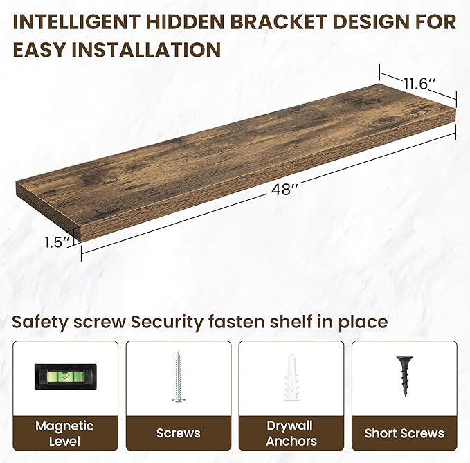 48 Inch Floating Shelves, 11.6 Inch Deep Floating Shelves for Wall, Floating Shelf with Invisible Brackets, Deep Shelves for Bathroom, Bedroom, Living Room, 1 Pack, Brown