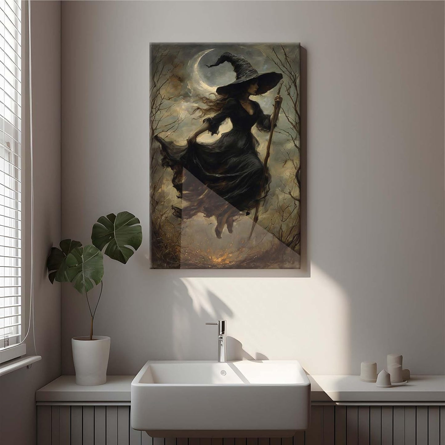 Witch in the Forest Halloween Print Wall Art Poster Witch Decor Vintage Print Dark College Wall Art Victorian Gothic Room Decor Canvas Wall Print16x24in Wood Framed