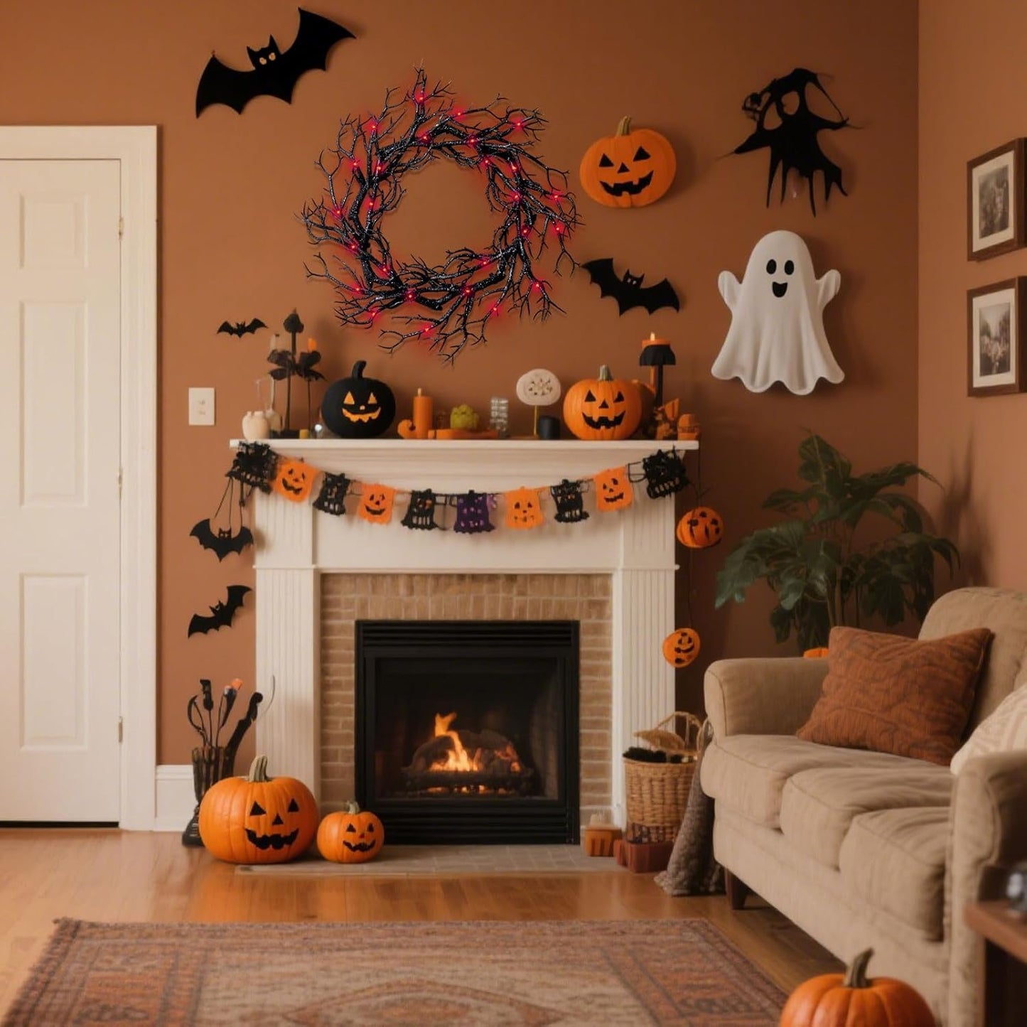 Halloween Black Branch Wreath - 20 Inch Glitter Black Twig Halloween Wreaths with Red Lights for Front Door Indoor Outdoor Party Window Wall Decor Farmhouse Garland Yard